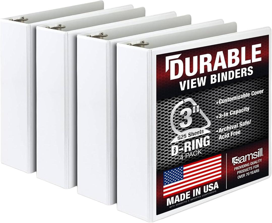 Samsill Durable 3 inch 3 Ring Binder, D Ring Binder, 100% Recycled Chipboard, White, 4 Pack