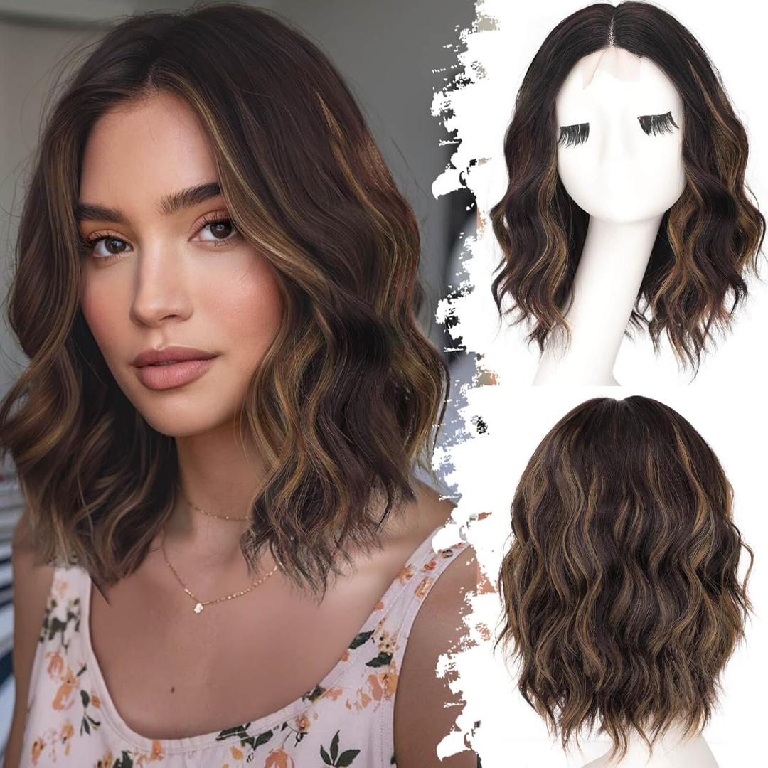 Dark Brown with Caramel Highlights Short Wavy Wig for Women Lace Hairline Bob Style Synthetic Heat Resistant - Natural Appearance for Everyday Hairstyle 14 Inch