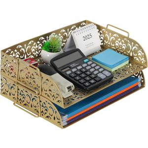 EasyPAG Paper Organizer for Desk 2 Tier Stackable Paper Tray for A4 Legal Size Folders Metal File Storage Desktop Organizer for Home Office School Teacher, Gold