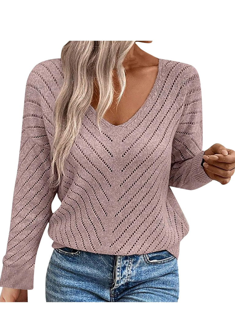 Women's Pullover Sweaters Fall Winter Eyelet V Neck Long Sleeve Casual Knit Sweater Jumper Tops Clothes Outfits, Medium