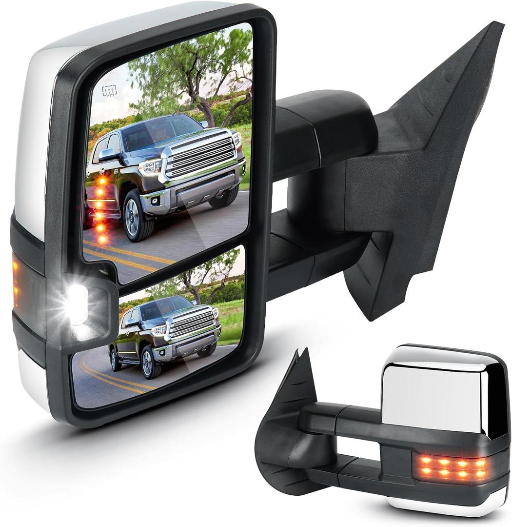 Towing Mirrors Chrome for Chevy GMC 2007-2013 Avalanche Silverado 1500 Suburban, 07-2014 Sierra 2500 3500 HD Tahoe Yukon Power Heated with Arrow Clearance Light Turn Signal Folding Telescoping Pair