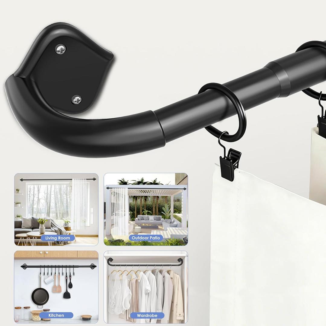 Wrap Around Curtain Rods for Windows Adjustable 28-88 Inch - Curved Light Gap Blocking, 90% Blackout Room Darkening, Heavy Duty 5/8" Matte Black Curtain Rod with Bracket (Easy Install Kit)