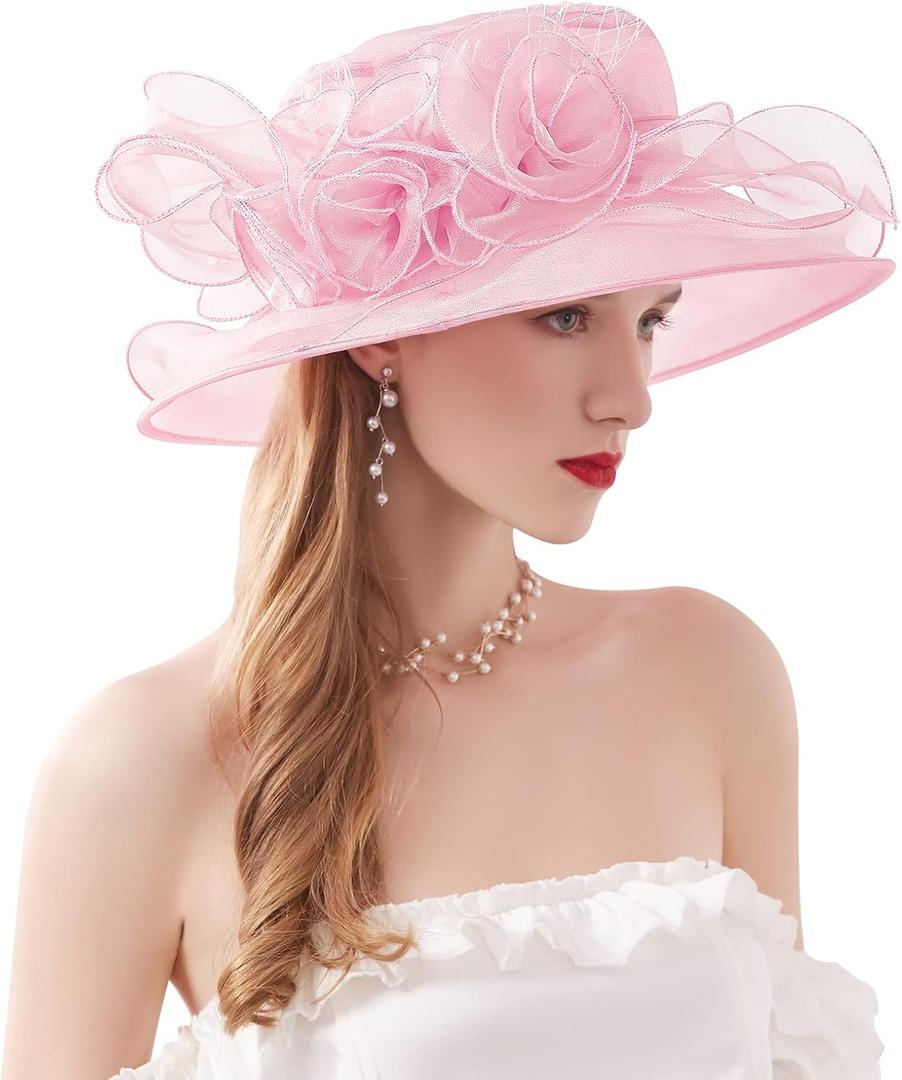 Z&X Organza Church Derby Hat Flower Wide Brim Fascinator Sun Hats for Women Wedding Cocktail Tea Party Fancy Hat