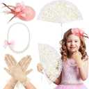 Sintege 4 Pcs Girls Tea Party Set Girls Tea Party Accessories Gloves Hats Necklace Fans for Toddler(Champagne)