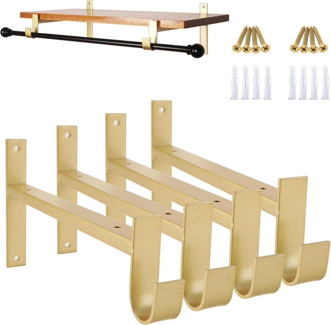 AddGrace Closet Rod Bracket Heavy Duty Shelf Brackets 12 Inch Gold Wall Mounted Closet Rod Support with Pole Holder Industrial Iron Shelving Supports with Hook (4 Pack)