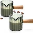 Espresso Cups Set of 2, 4 OZ Espresso Shot Glasses with Wood Handle, V-Shaped Spouts Cups, Ribbed Milk Frothing Pitcher, Glass Measuring Cup, Coffee Espresso Accessories, Demitasse Cups, Small (Gray)
