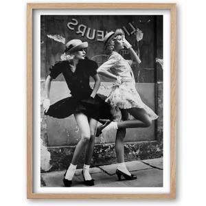 iHery Natural OAK Wood Framed Vintage Women Dancing Wall Art, 12x16in Beige Frame Canvas Retro Women Fashion, Chic Ladies Posing, Black and White Print, Vintage Feminist Wall Decor Set of 1