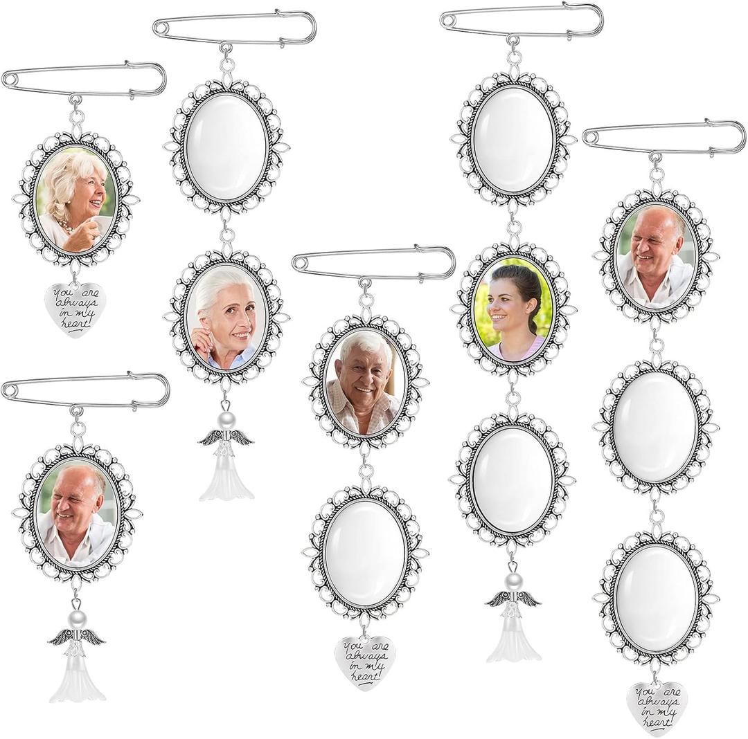Hicarer 110 Pcs Wedding Bouquet Photo Charms Memory Charms Oval Frame Memorial Picture DIY Pin Brooch with 1.18 x 1.57 in Oval Glass Cabochon Pendants Bulk for Wedding Gift Party Bridal Shower