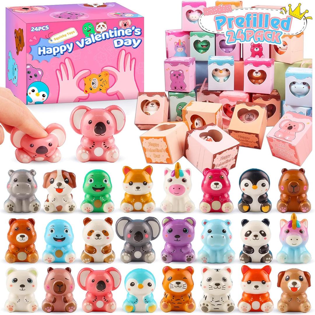 Valentines Day Gifts for Kids, 24PCS Prefilled Valentines Box with Animal Squishy Toys, Valentines Day Gifts for kids Classroom, Valentines Exchange Gifts for Girls Boys School