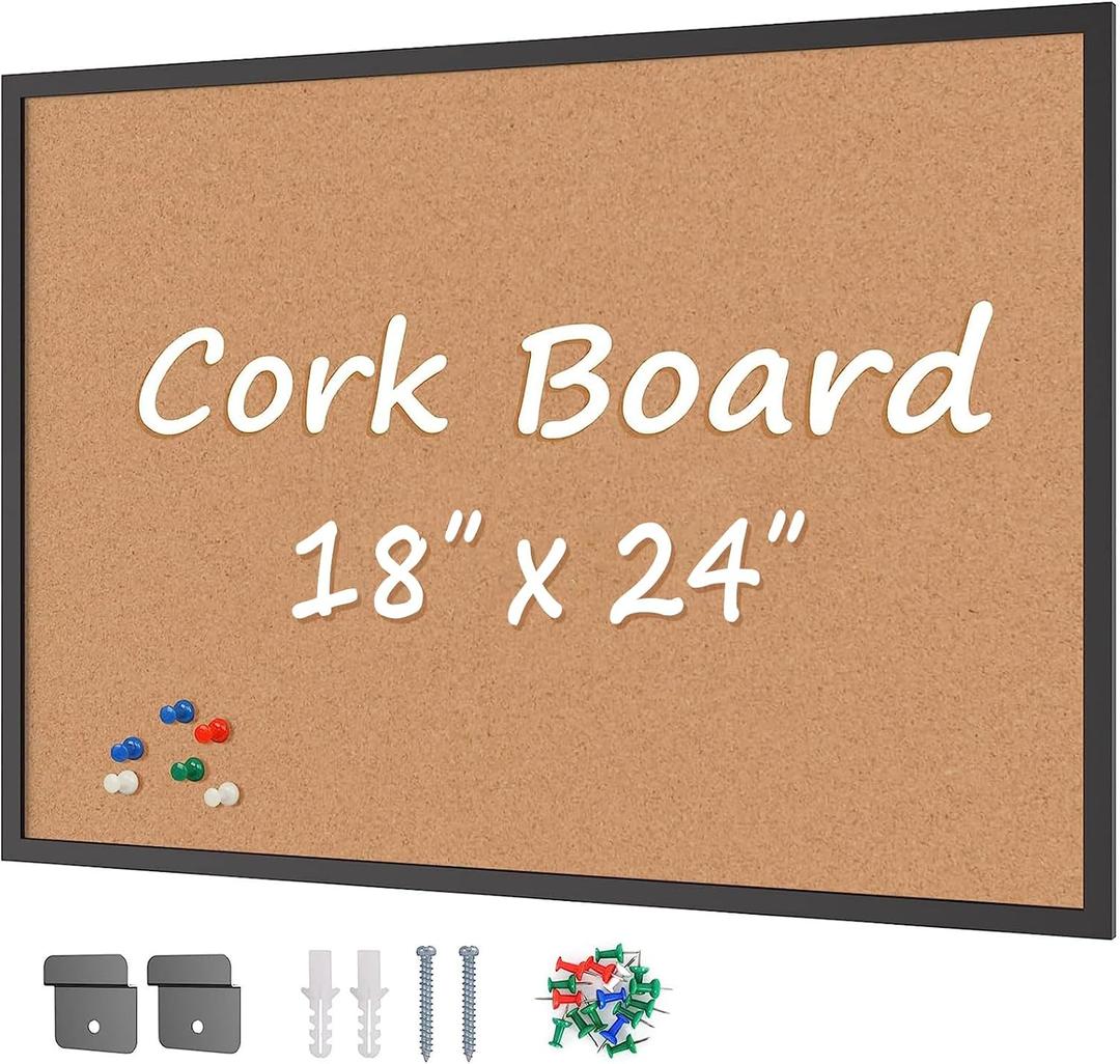 Cork Board Bulletin Board 24“ x 18”, Black Wood Framed Corkboard, Office Board for Wall Cork, Large Wall Mounted Notice Pin Board with 16 Push Pins for School, Home & Office