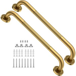 2 Pack 20 Inch Anti Slip Bronze Shower Grab Bar Polished Gold,ZUEXT Antique Brass Bathroom Grab Bar, Knurled Balance Bar,Safety Hand Rail Support Handicap Elderly Injury Senior Assist Bath Handle