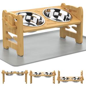 Elevated Dog Bowls, Adjustable Raised Dog Bowls Stand for Small Size Dogs and Cats, Durable Bamboo Dogs Feeder with 2 Stainless Steel Bowl and Non-Slip Feet, Food Bowl with Silicone Mat