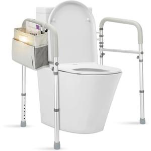 Toilet Safety Rails for Seniors - Adjustable Height & Width Toilet Safety Frame with Storage Pouch & Night Light, Heavy Duty 300LB Foldable Bathroom Handles for Elderly, Disabled Fits All Toilets