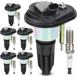 UF303 Ignition Coil & 5019 Double Iridium Spark Plug for Chevy Colorado Trailblazer,GMC Canyon Envoy,Buick Rainier,Hummer H3,Isuzu Ascender I-280 I-290 I-350 I-370,Saab 9-7X Replace# C1395 (Set of 6)