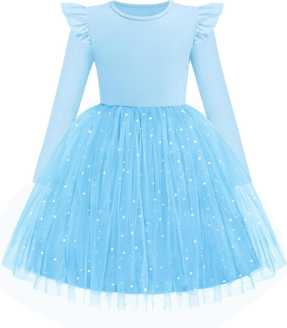 Arshiner Toddler Girls Tutu Dresses Long Sleeve Ruffle Fall Winter Holiday Star Sequin Tulle Dress 6Y (Light Blue)