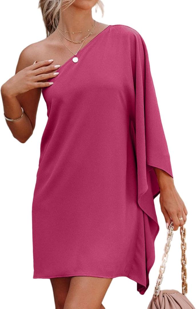 Jhsnjnr Women's Short Wedding Guest One Shoulder Dresses Formal Batwing Sleeve Club Party Cocktail Dress (Pink) Small