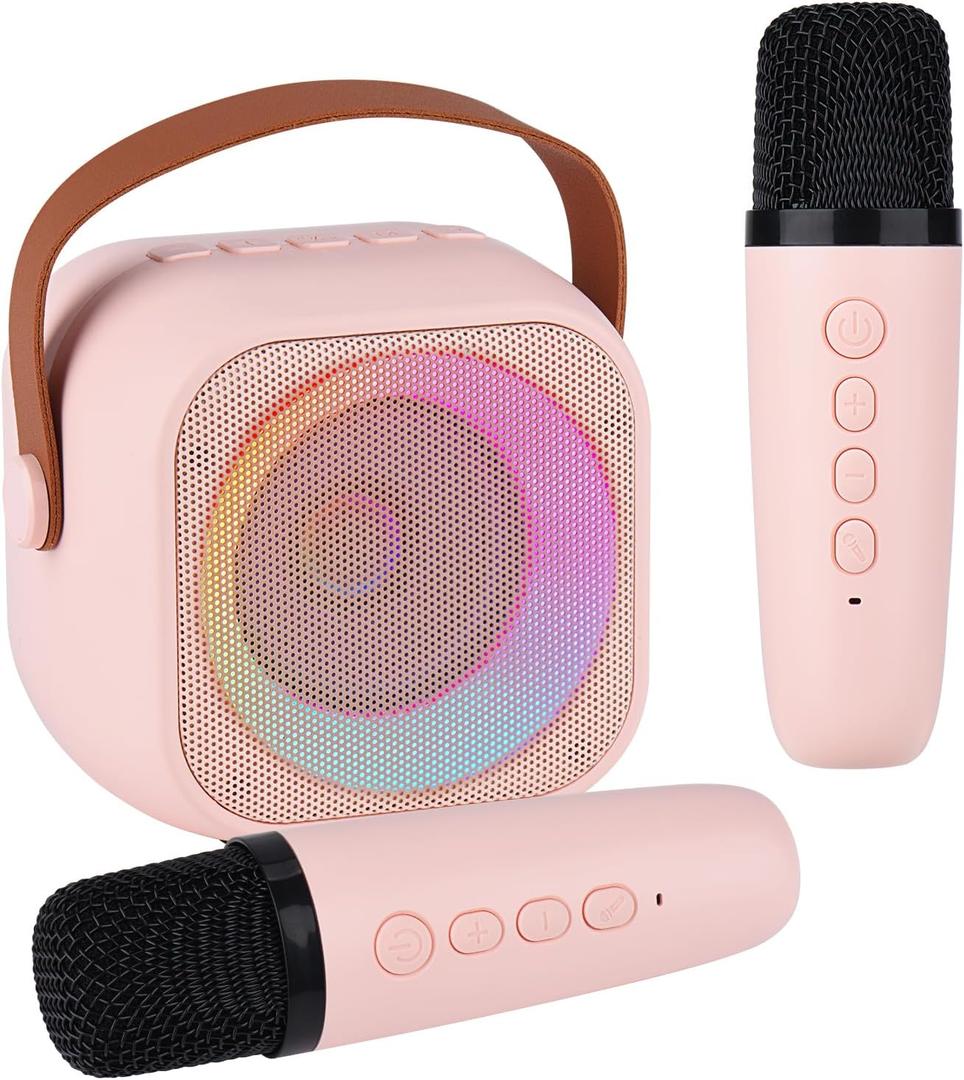 Karaoke Machine for Kids Adults, Mini Portable Bluetooth Karaoke Speaker with 2 Wireless Microphone and Lights,Toys for All Smartphones,Birthday, Family,Home Party Pink