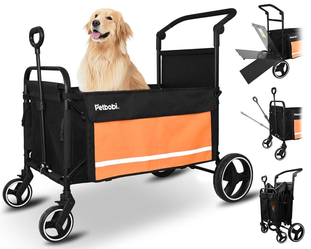 Petbobi Pet Stroller for Large Dogs - Pullable All Terrain Wagon Cart, Folding Dog Stroller, One-Foot Brake Wagons with Ramp, Easy for Medium Senior Pets to Get in and Out, Ideal for Walking, Orange
