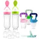 Food Feeder Baby Fruit Feeder Pacifier (3 Pcs) with 6 Different Sized Silicone Pacifiers,Silicone Baby Food Dispensing Spoon 90ML with 2 Babies Spoons Pacifier Clip Infant Fruit Teething Feeders-Pink