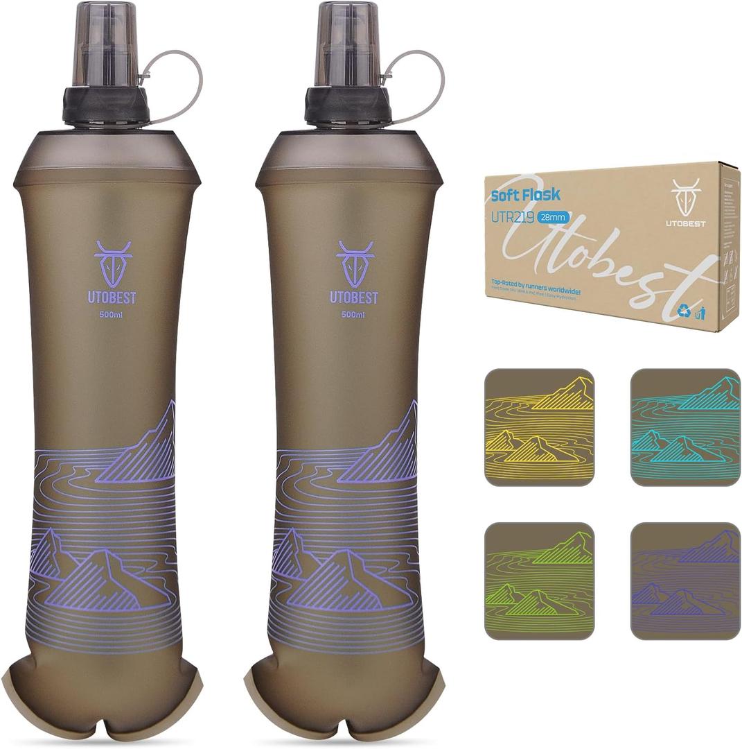 500ml Soft Flask, 2 Pack Flexible TPU Hydration Water Bottle, Collapsible with 28mm Caliber for Running, Hiking, Cycling, Climbing, and Marathon Purple (17 Ounces* 2 Count)
