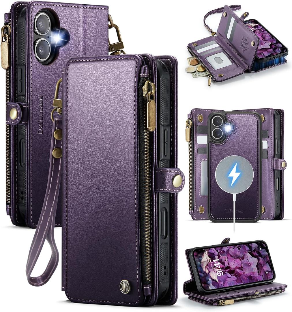 Defencase for iPhone 16 Plus Magnetic Wallet Case Compatible with Magsafe with RFID Blocking Zipper Strap Card Holder for Women Men PU Leather Detachable Case for iPhone 16 Plus (6.7 inches), Purple