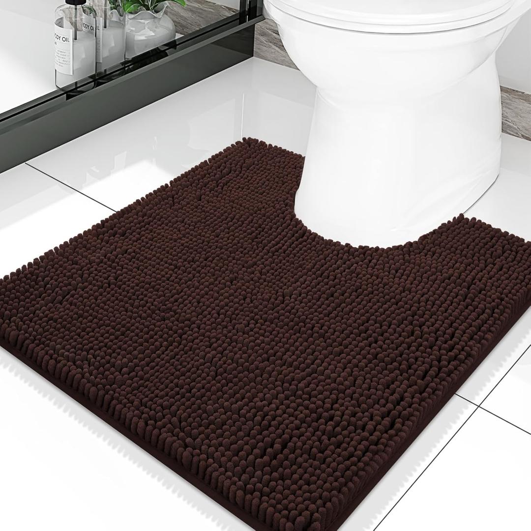 Smiry Luxury Chenille Toilet Rugs U-Shaped 20x20, Soft Absorbent Non-Slip Contour Bathroom Rugs for Toilet, Machine Washable Contoured Bath Mats, Brown