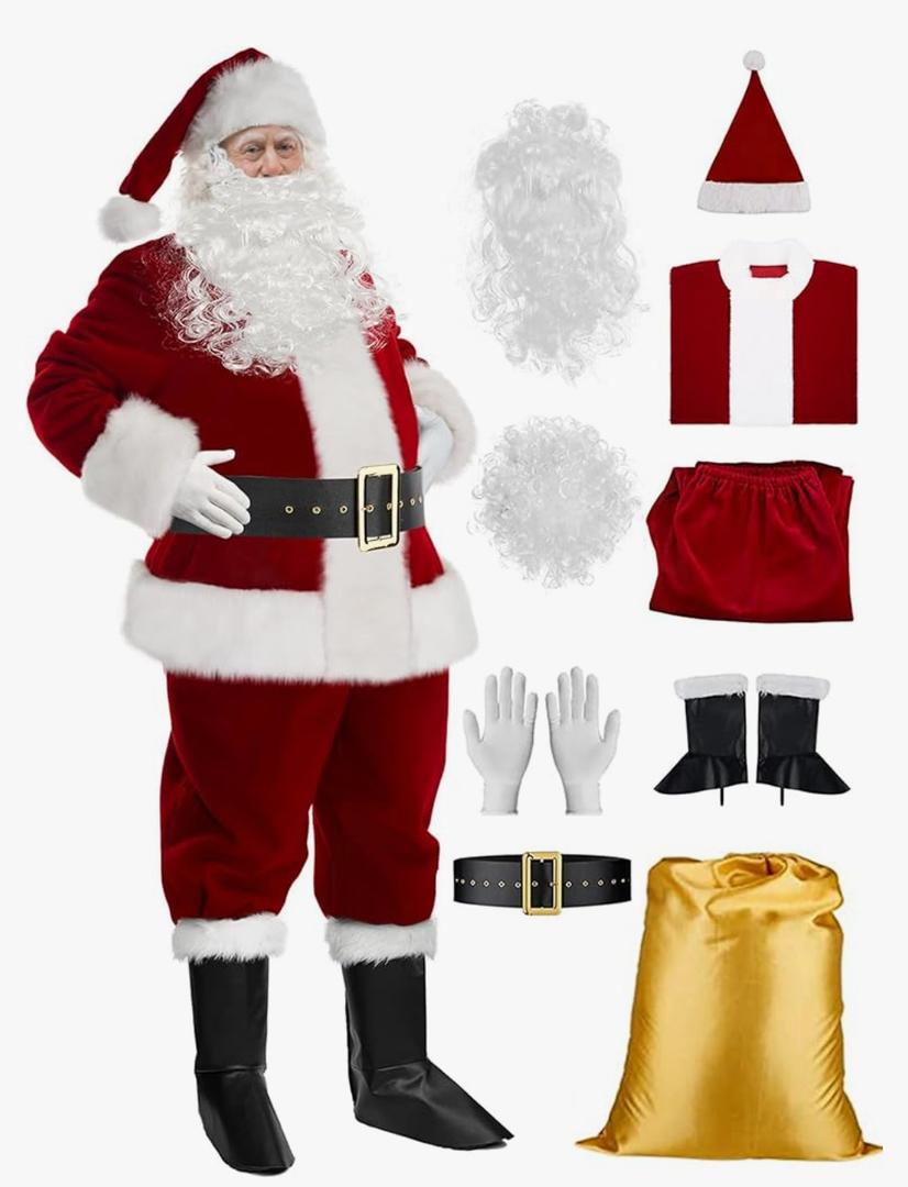 Mannice Santa Claus Costume for Men 9PCS, Christmas Santa Costume Adult Deluxe Santa Suit Professional Santa Outfit