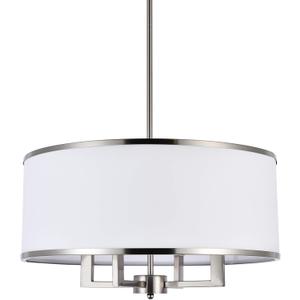 Classic 4-Light Drum Pendant Lighting Fixture, 20'' White Fabric Shade, Vertical Rod Semi Flush Mount Ceiling Lights, Brushed Nickel Chandelier for Foyer Entryway Hallway Dining Room