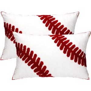 2 Pcs Baseball Velvet Pillow Covers 12 x 20 Inch 3D Tufted Embroidery Sports Theme White and Red Baseball Decorative Throw Cushion Case for Bedroom Sofa Living Room Couch Chair Home Decor