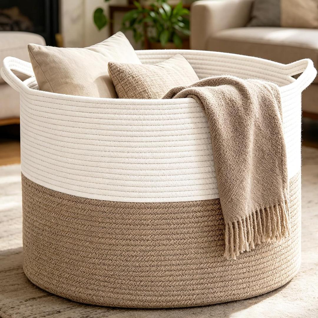 Large Woven Blanket Basket,65L Cotton Rope Laundry Basket Hamper with Handles, Decorative Nursery Basket Storage Bin for Toys, Clothes Organizer, Living Room, Bedroom, Bathroom, White & Brown