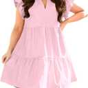 Fisoew Plus Size Dresses for Women Summer Ruffle Short Sleeve V Neck Dress Tiered Swing A Line Babydoll Mini Dress (Pink, XXL)
