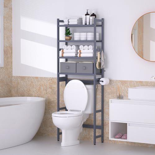 Over The Toilet Storage with 2 Baskets, 4-Tier Bamboo Organizer Rack with Paper Holder & 4 Hooks & Waterproof Feet Pad,Freestanding Shelf for Bathroom, Grey 