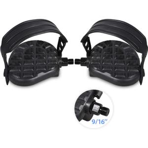 DRBIKE Replacement Bike Pedals with Strap for Stationary Bike, Spin Bike, Recumbent, Exerciser Bicycle, 1/2" 9/16" Bicycle Petal, Black, 1 Pair