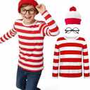MEDEJU Waldo Red and White Striped Shirt Adult Men Women's Halloween Cosplay Costumes Funny Sweatshirt Outfit Glasses Suits Kid (9-11 years)