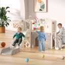 BIERUM Toddler Slide Set, 13 in 1 Kids Indoor Slide for Toddler 1-3, Indoor Outdoor Toddler Slide Playset with Basketball Hoop, Golf Game & Drawing Board, Baby Indoor Slide Playground, Cream&Gray