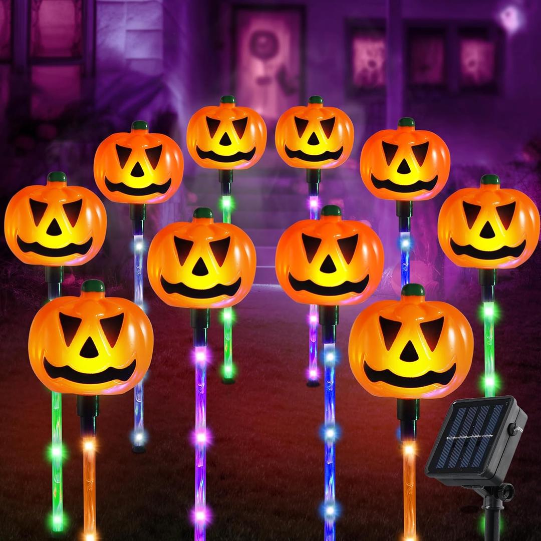 JOYIN 10 Pcs Halloween Solar Pumpkin Pathway Lights Decorations Outdoor, Jack O Lantern Pumpkins Decor with 5 Colors of Light-up Path Maker Stakes for Graveyard Porch Yard Lawn Garden Party Supplies