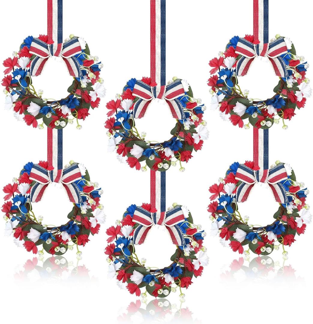 6 Pcs Patriotic Wreaths Mini 4th of July Red White Blue Artificial Cabinet Wreaths with Ribbon Bows Memorial Day Window Hanging Wreath for Independence Day Porch Front Door Decor