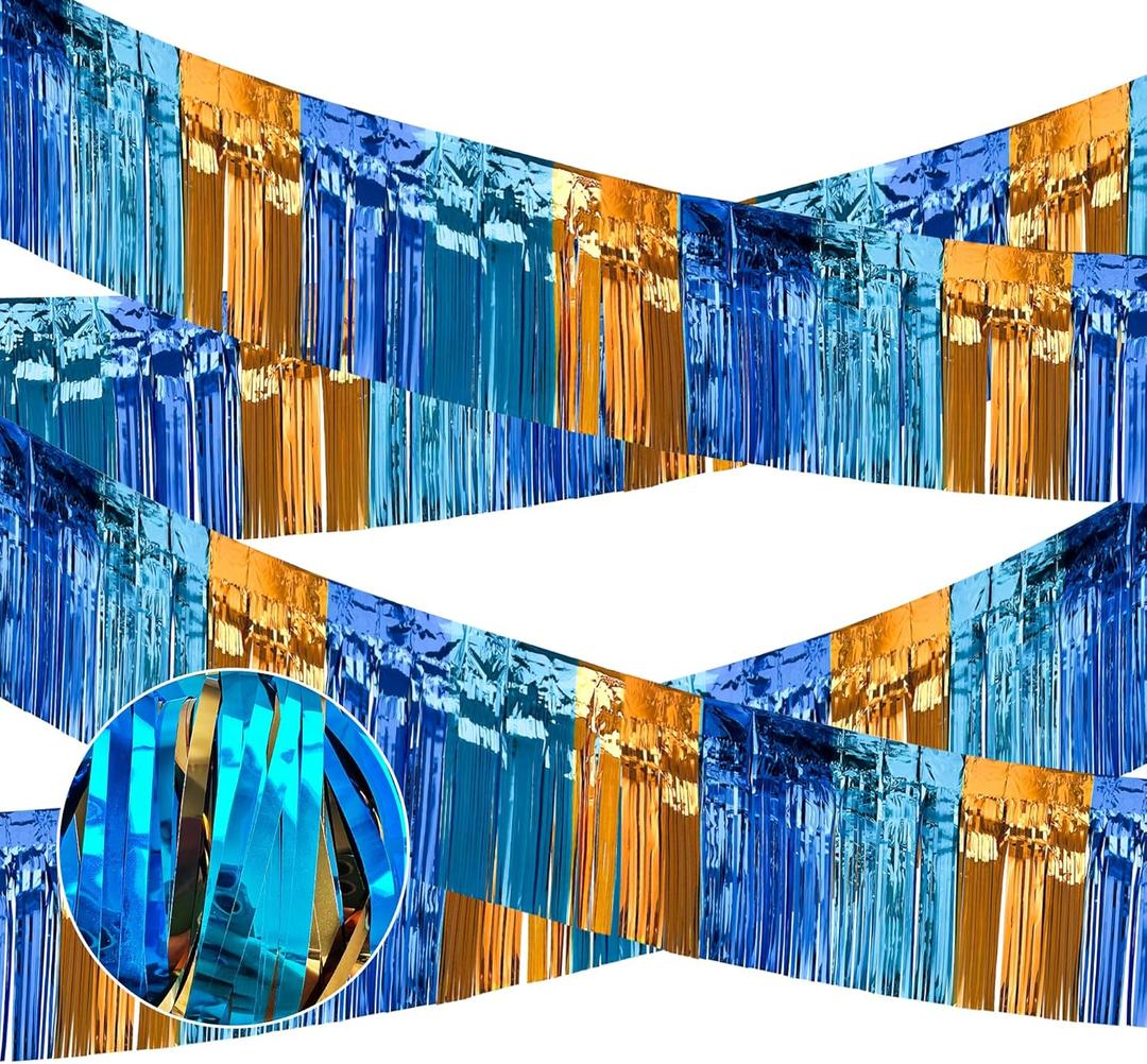 2 x 4 Packs Total 39 Ft Parade Floats for Trailer Car, Orange Blue Foil Fringe Garland Tinsel Blue Dog Themed Streamers Hanging Banner Table Skirts for Graduation Homecoming Birthday Dog Themed Party