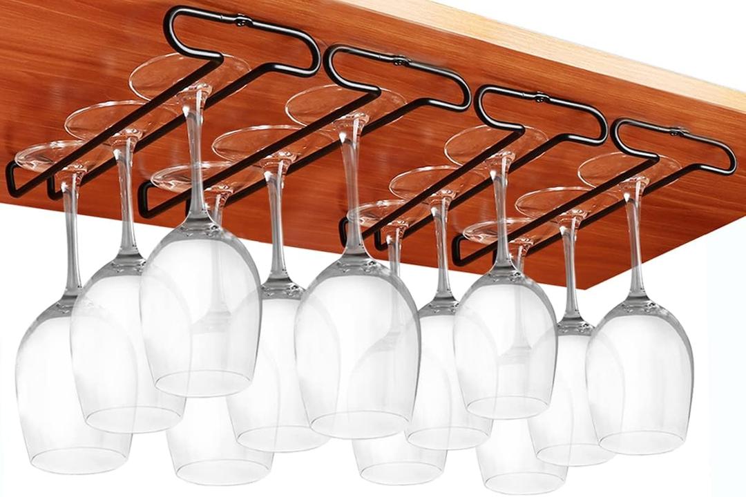 GeLive Set of 4 Cabinet Stemware Rack 10 Inch Under Shelf Wine Glass Holder Storage Hanger Organizer for Kitchen and Bar (Black)