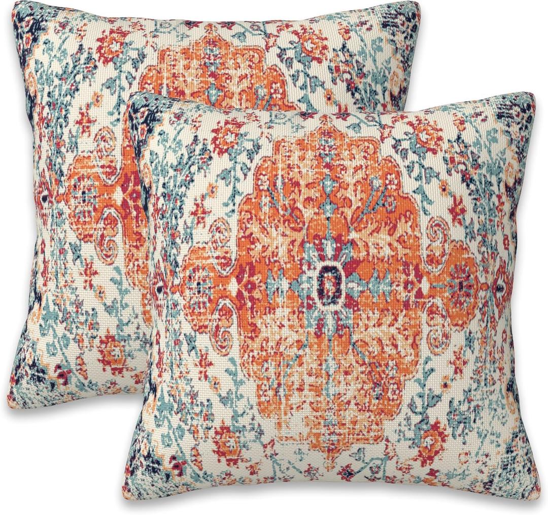 Throw Pillow Covers Boho Orange Pillow Covers 16x16 Inch Set of 2 Rug Boho Style Ethnic Floral Throw Pillows Decorative Pillow Cases Cushion Covers for Bedroom Livingroom Sofa Farm House