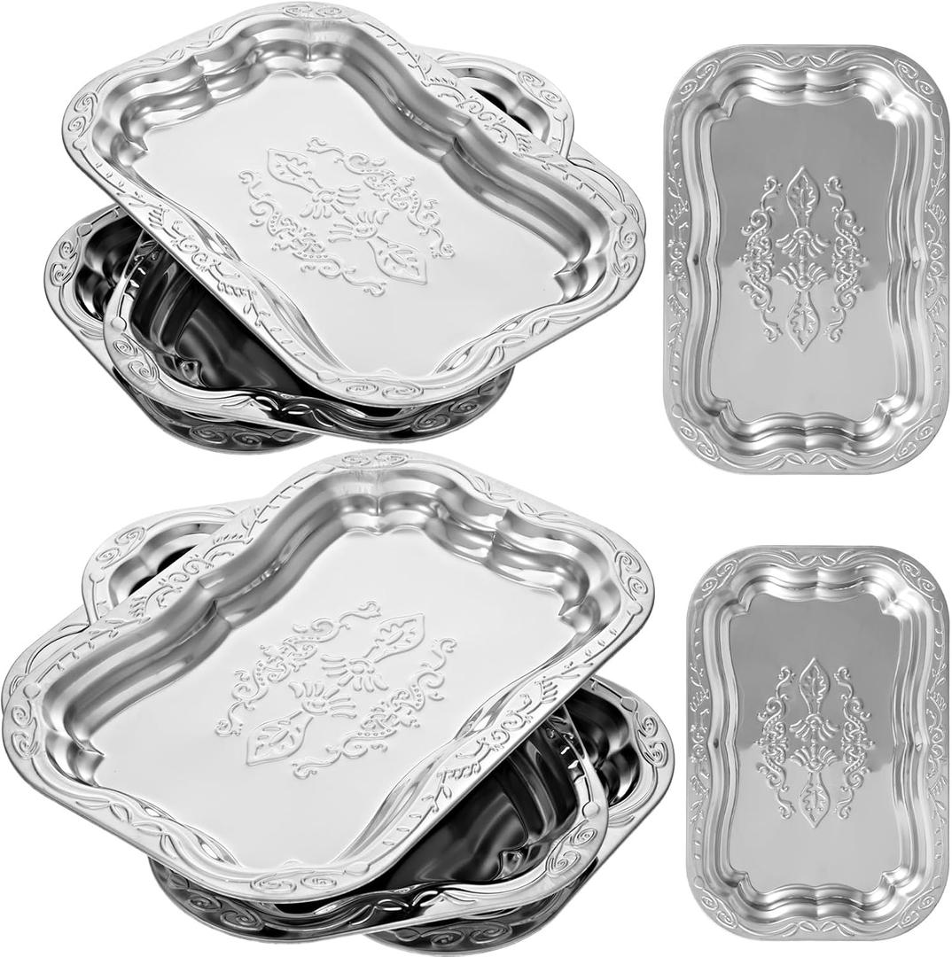 6 Pack Silver Serving Trays Set, Floral Engraved Mirror Decorative Tray Party Platters for Whiskey Cookies Food Dessert Fruit Cupcake Weddings Table Parties Display