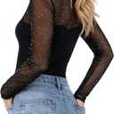 Women's Mock Neck Sparkly Mesh Sheer Long Sleeve Crop Blouse Shirt Blouse Top (Black, S)