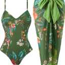 Women's One Piece Swimsuit with Beach Cover Up Retro Floral Print Bathing Suits with Coverup Set Sarong Wrap Swim Suit 1 Piece Swimwear Set with Matching Skirt Dark Green Floral, Size: Large
