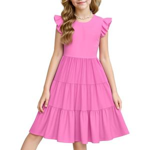 LQSZ Girls Summer Dresses with Ruffle Short Sleeve Midi Casual A-Line Twirly School Sundress Size 3-12 Years