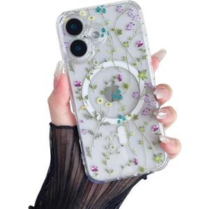 RALEAVO for iPhone 16 Case Compatible with MagSafe Clear Floral Cover with Flower Branch Pattern for Girls Women Slim Cute Hard Back Shockproof Phone Case for iPhone 16,Transparent