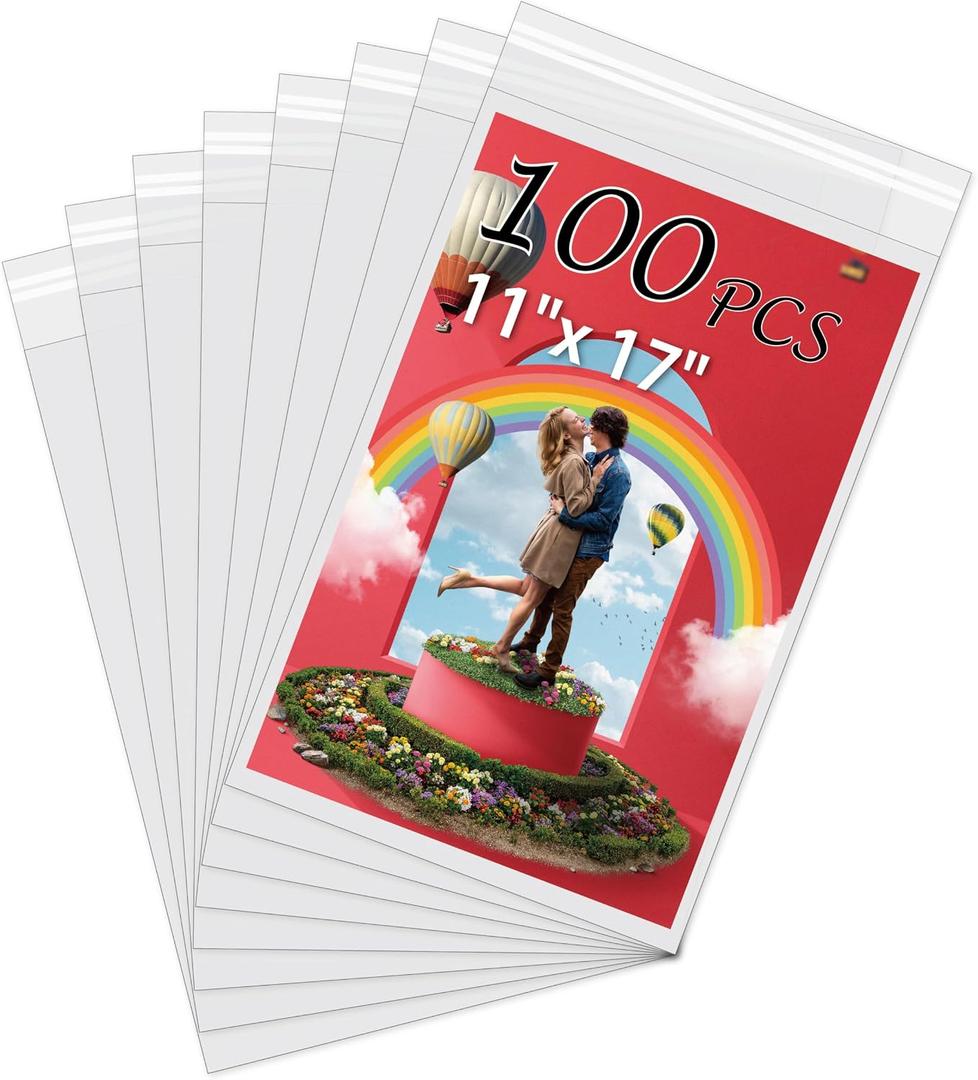 100 Pack Acid-Free Crystal Clear Sleeves Storage Bags for 11x17 Art Prints