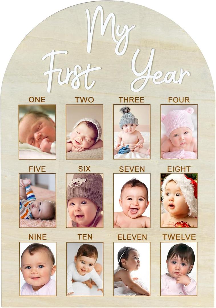 My First Year Arch Photo Frame, Natural Wooden Monthly Milestone Photo Board for Baby Birthday Party Decorations (17x11.8in)