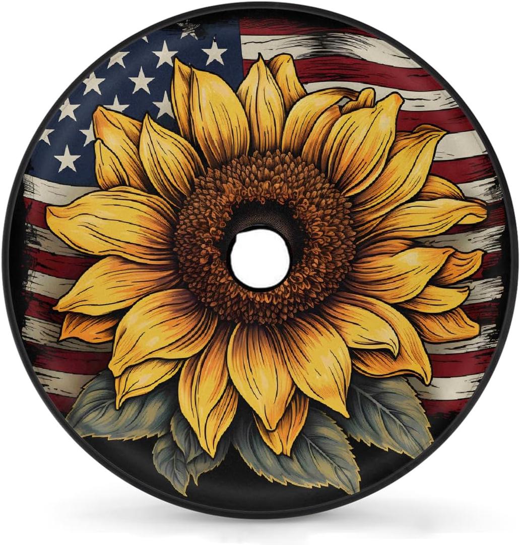 Spare Tire Cover with Backup Camera Hole American Flag Sunflower 16inch Wheel Cover Protector Universal Fit for Trailer,RV,Camper,SUV,Truck