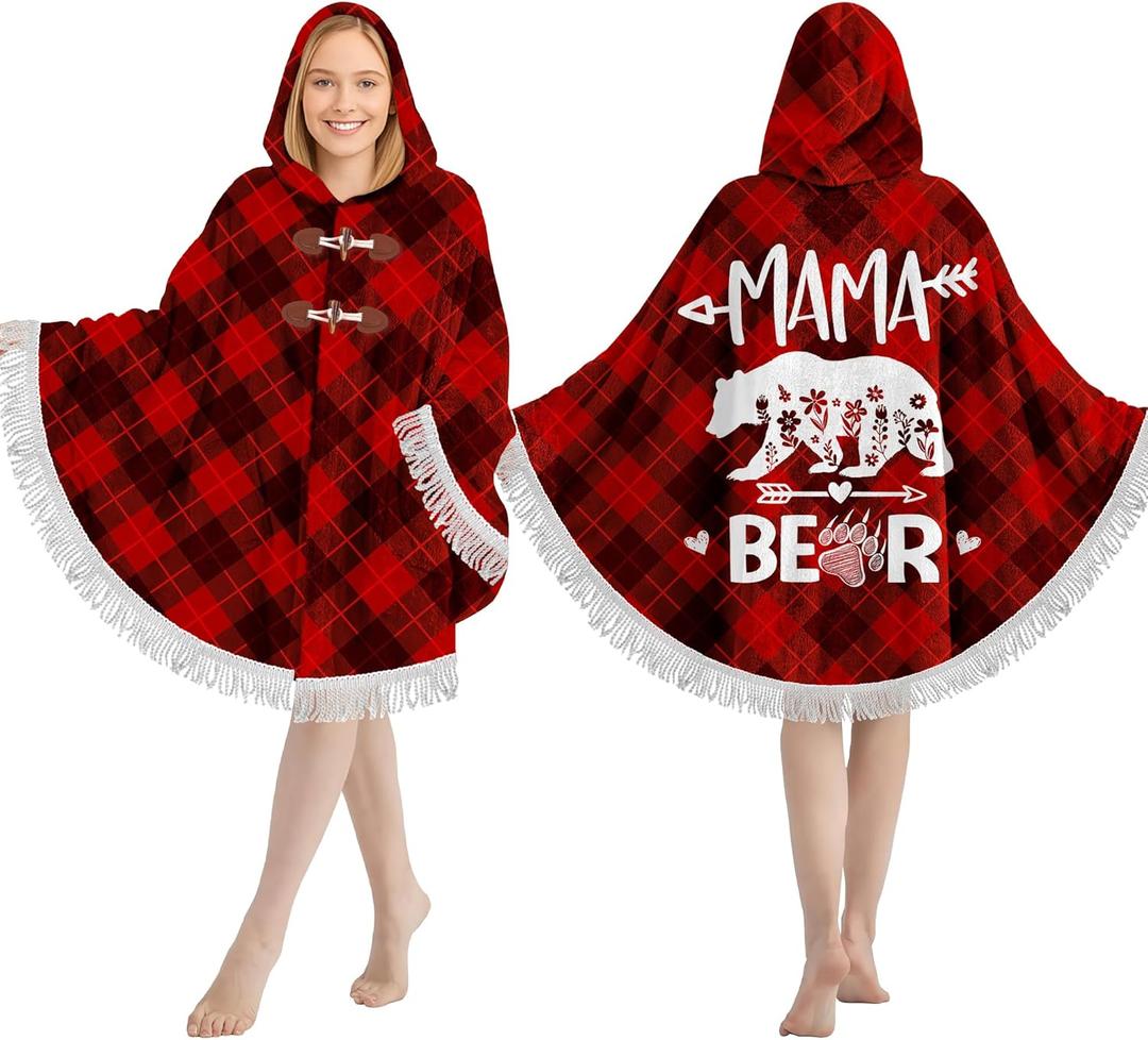 Warmstorey Poncho Wearable Blanket Mama Hooded Blanket Birthday Gift for Mom  Cozy Gift from Daughter, Son, Or Husband (Red)