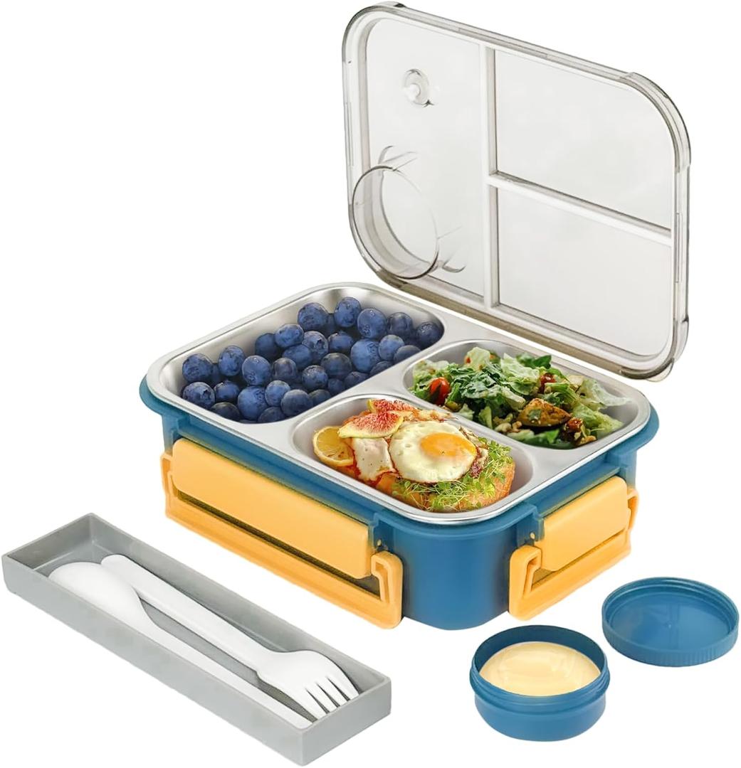 Stainless Steel Lunch Box for Kids, Girls Boys Bento Box for Food Storage Containers with Portable Utensil, Toddler Lunch Box with Removable Tray, Ideal for Ages 3-10,Dishwasher & Freezer Friendly (Blue)